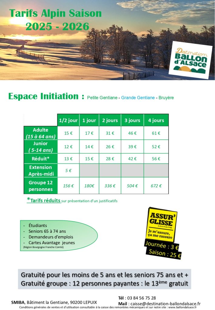 Tarifs Alpin 2025-2026 - Espace Initiation - Ballon d'Alsace