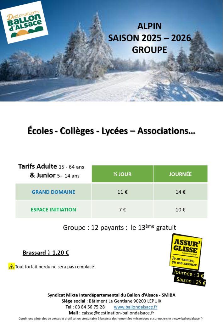Tarifs Alpin 2025-2026 - Groupe - Ballon d'Alsace