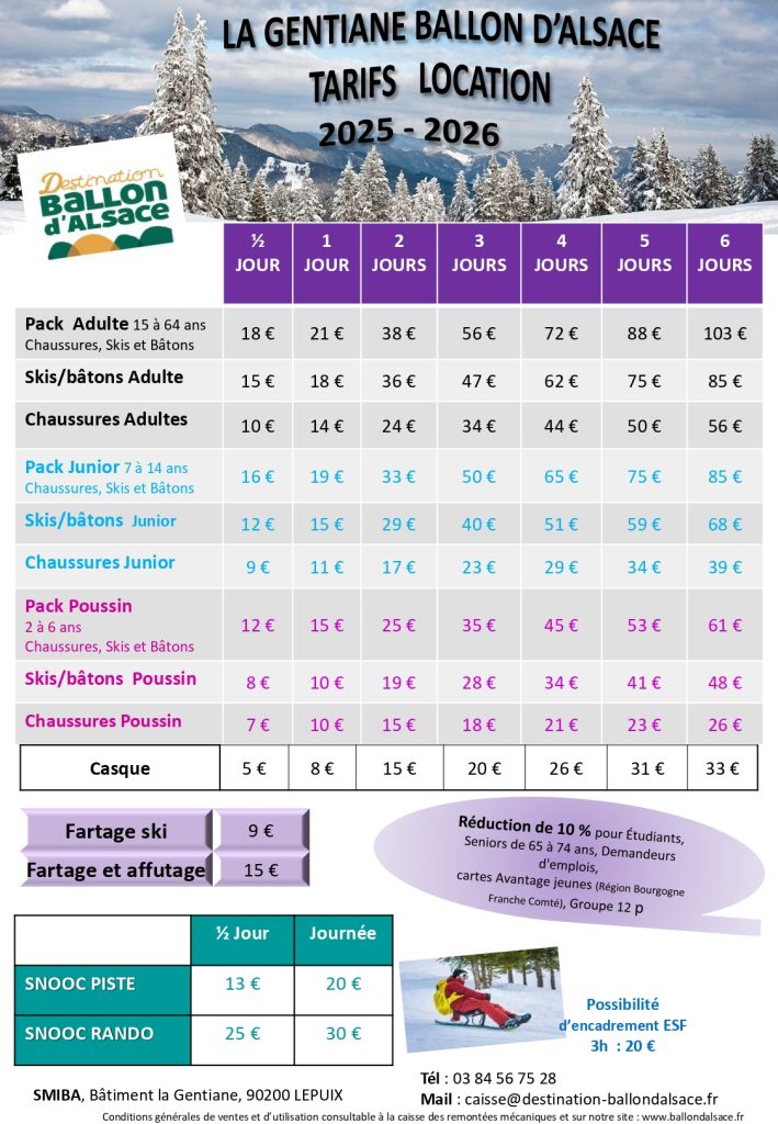 Tarifs Alpin 2025-2026 - Location de matériel - Ballon d'Alsace