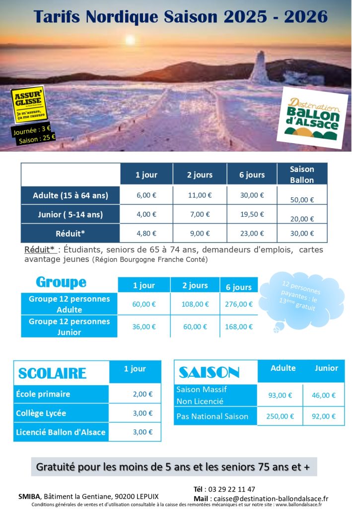 Tarifs Ski nordique 2025-2026 - Ballon d'Alsace